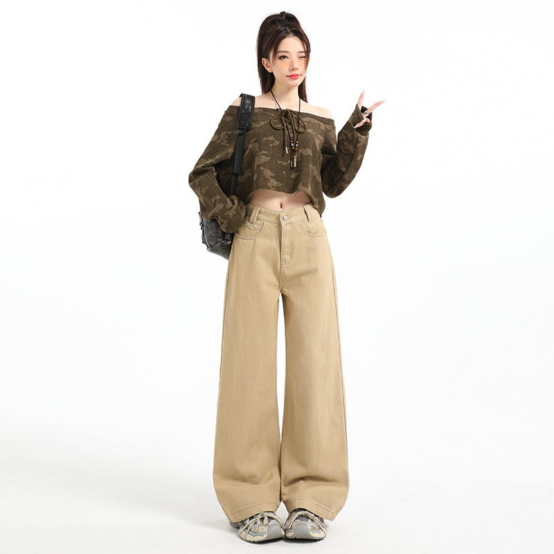Khaki Drapey Wide-Leg Jeans for Women New Style Medra Loose Slimming Straight-Leg Floor-Length Pants Khaki Drapey Wide-Leg Jeans for Women New Style Medra Loose Slimming Straight-Leg Floor-Length Pants