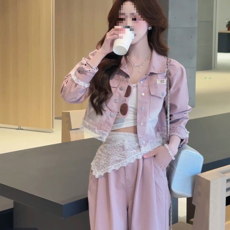 Short Denim Jacket Petite High Suit Lace Trim Wide-Leg Pants Women Straight Slim New Loose Casual
