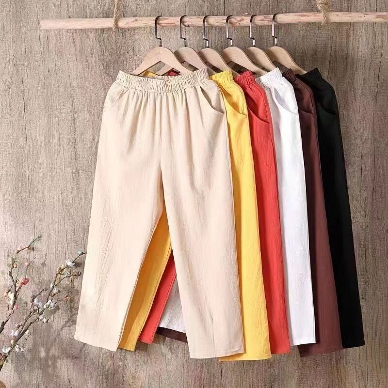 Classic cotton and linen top grade cropped harem pants artistic solid color wide free Slimming radish pants versatile pocket casual pants