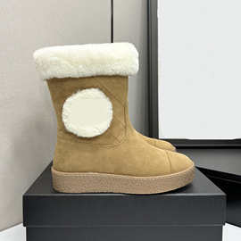 2025冬季新款时尚舒适简约圆头平底皮毛一体菱格厚底短靴雪地靴