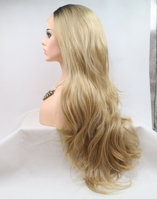 Peluca de seda de alta temperatura de fibra química al por mayor de fábrica de oro, fibra química de encaje frontal europea y americana LW0276