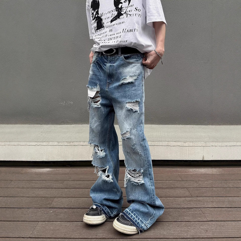 Summer High Waist Ripped Men's Blue Jeans Hip Hop Fashion Retro Streetwear Y2K Wide Leg Jeans
