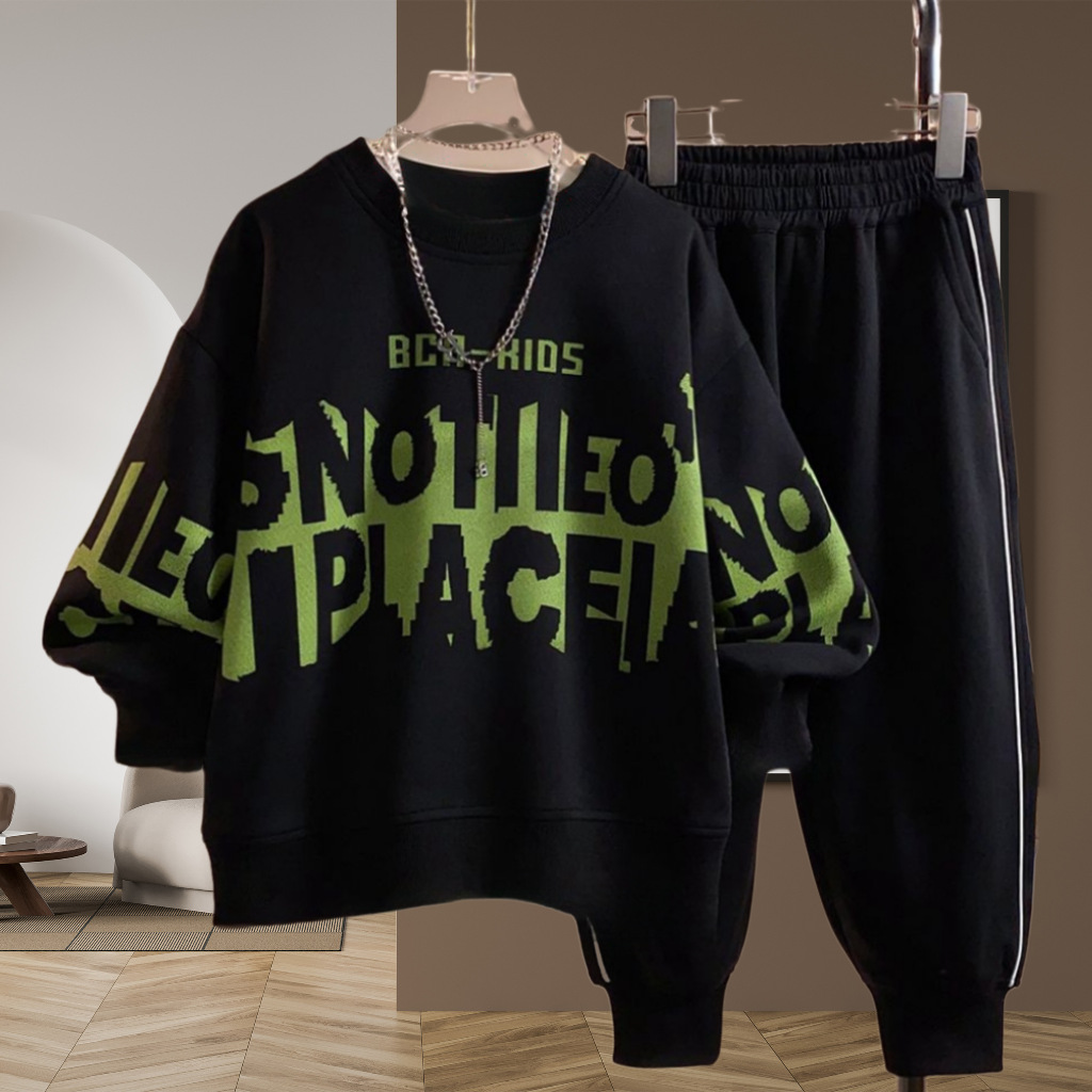 Teenage and guys Boys Suit  Fashion Sweater Trousers Sports Loose Two piece Suit Trend(The printing position is slightly different)_voghion.com