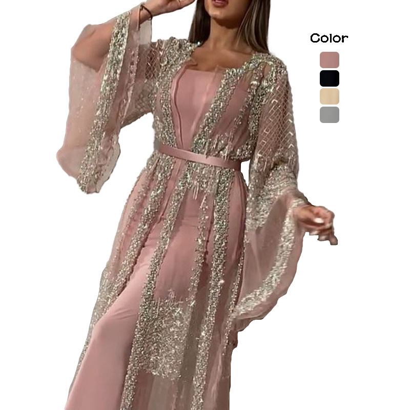 2027 New Cross-Border European and American Foreign Trade Women's Clothing Gold-Stamped Flared Dress Sexy Long Dress with Shawl Evening Gown
