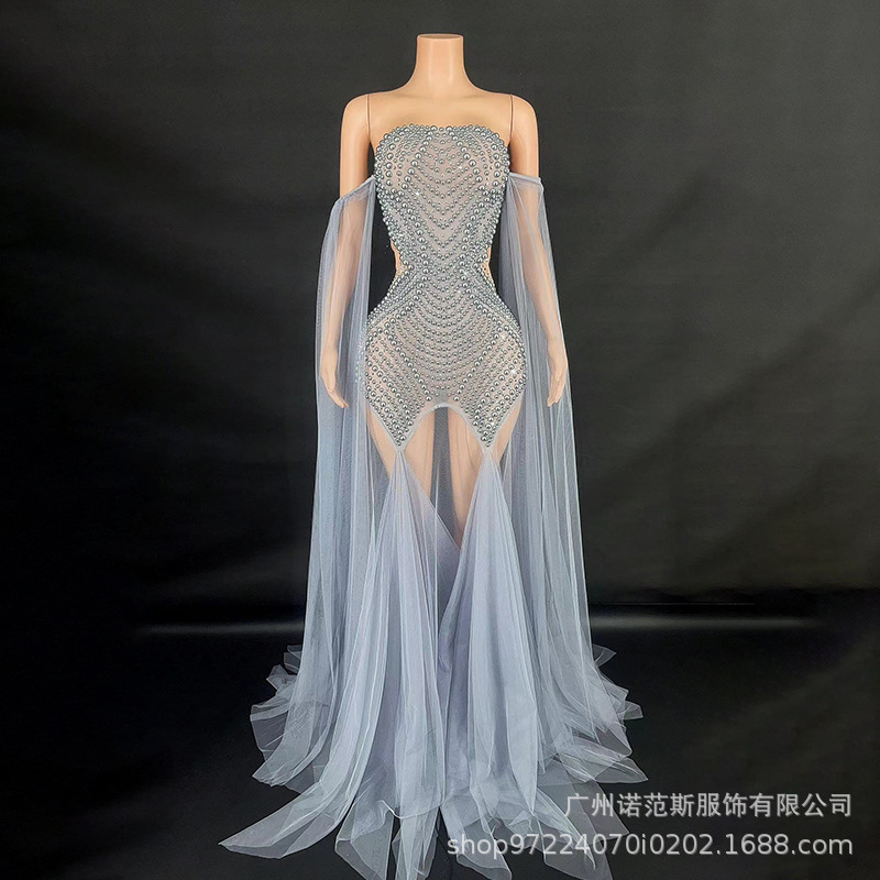 New melange gray Pearl Mesh Breathable Fairy Gown birthday Party Music Festival Prom Performance Suit