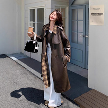 新款复古格纹拼接PU皮风衣外套女2025秋高级感气质时尚中长款大衣