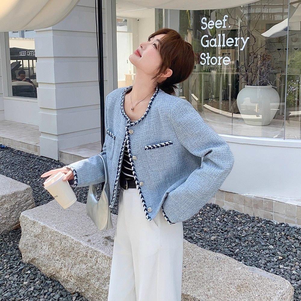 French-Style Tweed Short Blue Chanel-Inspired Slim-Fit Single-Breasted Round-Neck Cardigan Jacket for Women