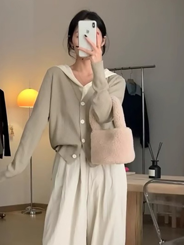 韩系甜美拼接假两件针织开衫女秋冬小众简约百搭显瘦连帽毛衣外套|undefined