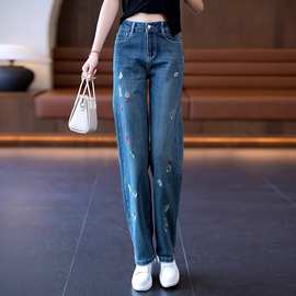 洋气国风刺绣直筒牛仔长裤女2025新款宽松垂感显瘦春秋窄版阔腿裤