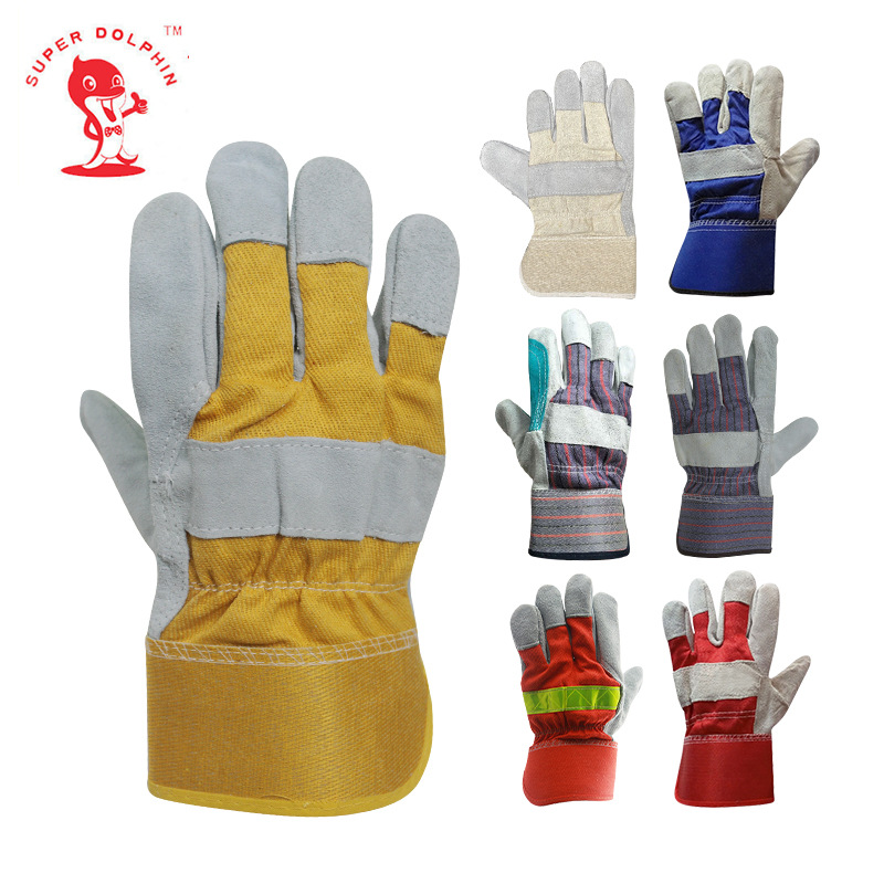外贸批发荧光绿全掌直指短款工作耐磨焊工劳保电焊二层牛皮革手套