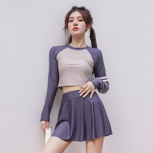 Hurun split swimsuit for women, conservative, slimming, belly-covering skirt, sports long-sleeved two-piece set, hot spring plus size swimsuit wholesale