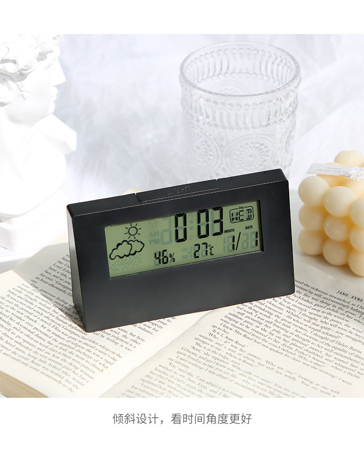 简约电子闹钟天气日期温度显示夜光懒人闹钟摆件礼品电子温湿度计详情9