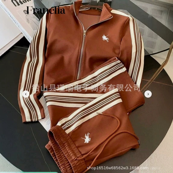 2026 Spring and Autumn Stand Collar Caramel Color Cardigan Cross-Border European and American Zipper Jacket 3D Digital Print Long Sleeve Long Pants Set