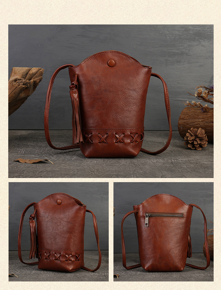 New Genuine Leather Women's Bag Retro First-Layer Cowhide Woven Mobile Phone Bag Mini Crossbody Shoulder Casual Tassel Bucket Bag 3 O1CN01Bp9R4n2IIy8Ld9zn6 !!995079264 0 cib
