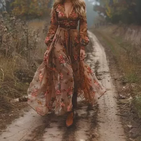 2024欧美女装 独立站 亚马逊 长袖 数码印花 V领长裙 连衣裙