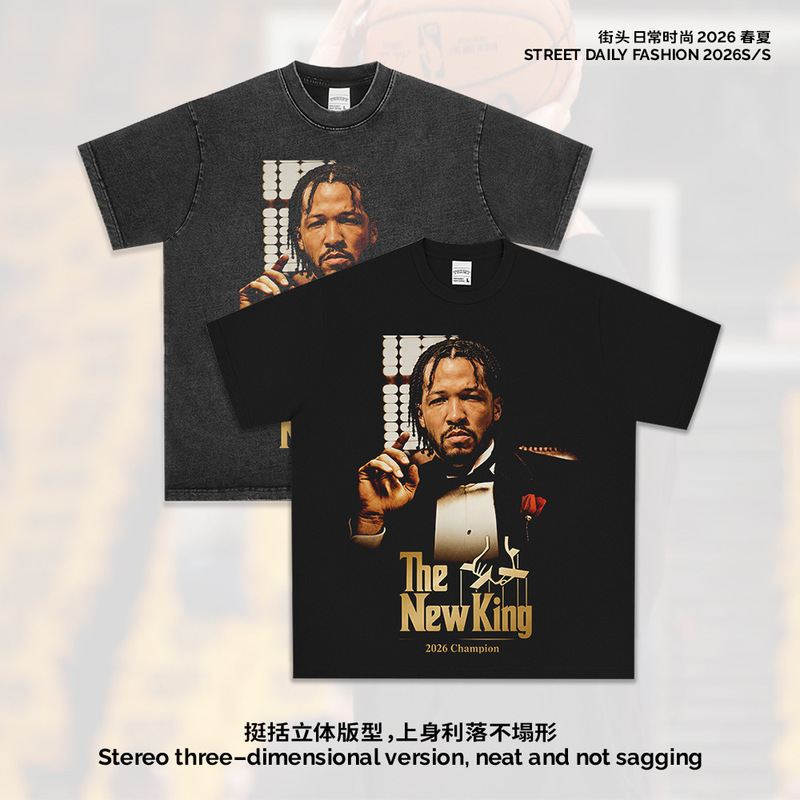 Cross-Border 2026 Champion Jalen Brunson Portrait Vintage Short-Sleeved Star Loose Cotton T-Shirt Wholesale