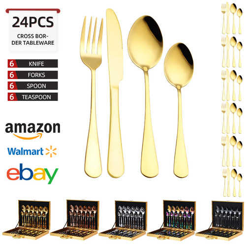 24-piece set of stainless steel cutlery, forks and spoons in wooden box 1010, Western tableware as a gift, golden gift box set