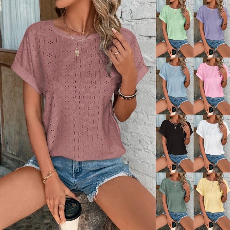 2025 Summer Cross-Border European and American Women's Tops with Hollow Mesh Embroidery and Bat Sleeves, Casual, Fashionable, and Versatile