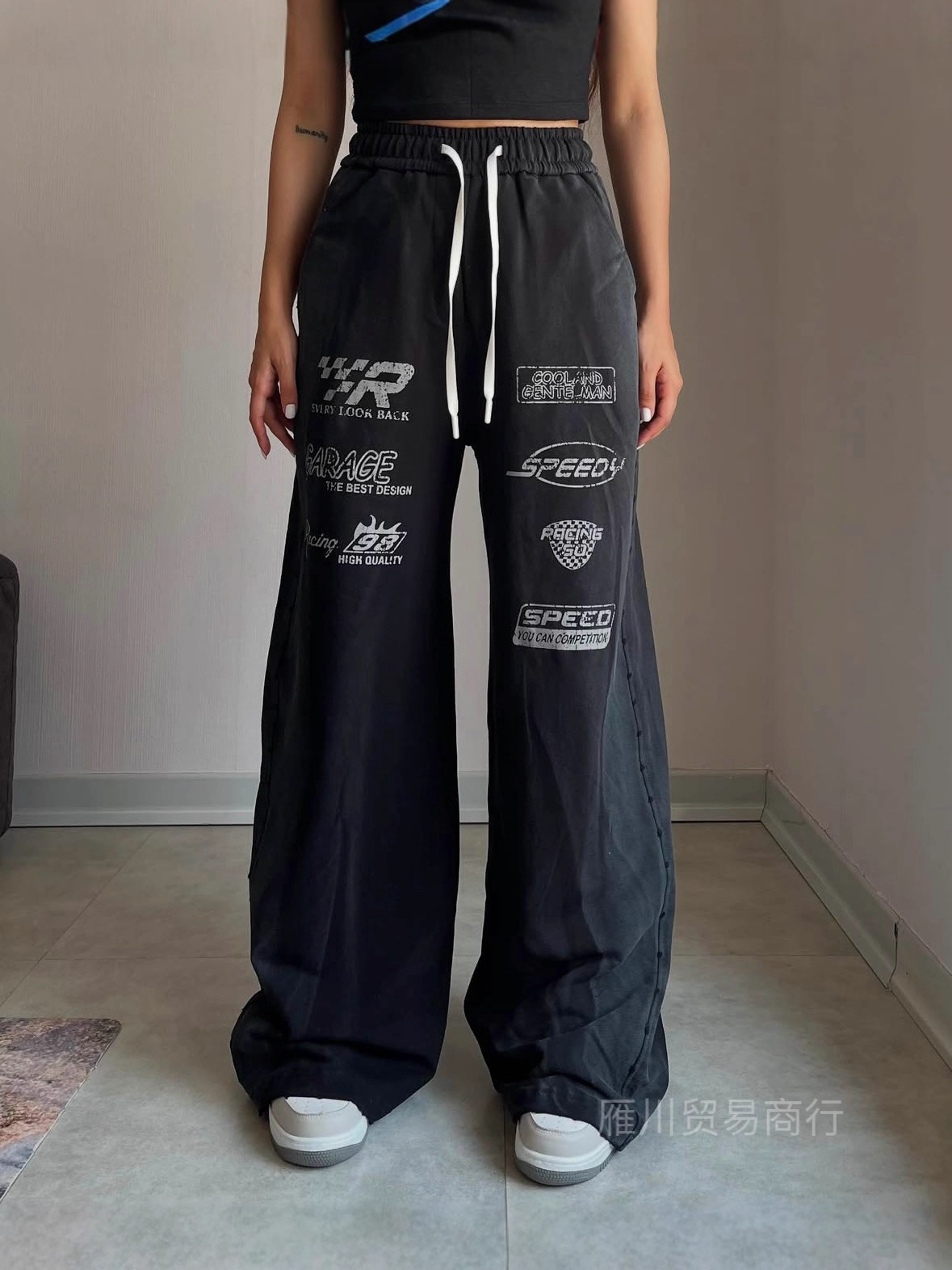 Europa y Estados Unidos transfronterizos retro estampados casuales pantalones deportivos tendencia de moda de cintura alta suelta pantalones grises rectos image 6