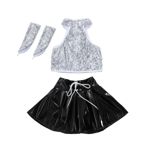 Girls kids silver sequins rapper singers jazz dance costumes children go go dancers dance clothes for girls catwalk models runway fashion performance outfits