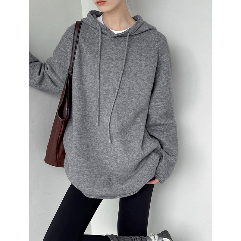 Orange Zhi Autumn New Style Fleece Hoodie Knitted Pullover Long Sleeve Loose Sweater Solid Color Warm Casual Sweatshirt 607