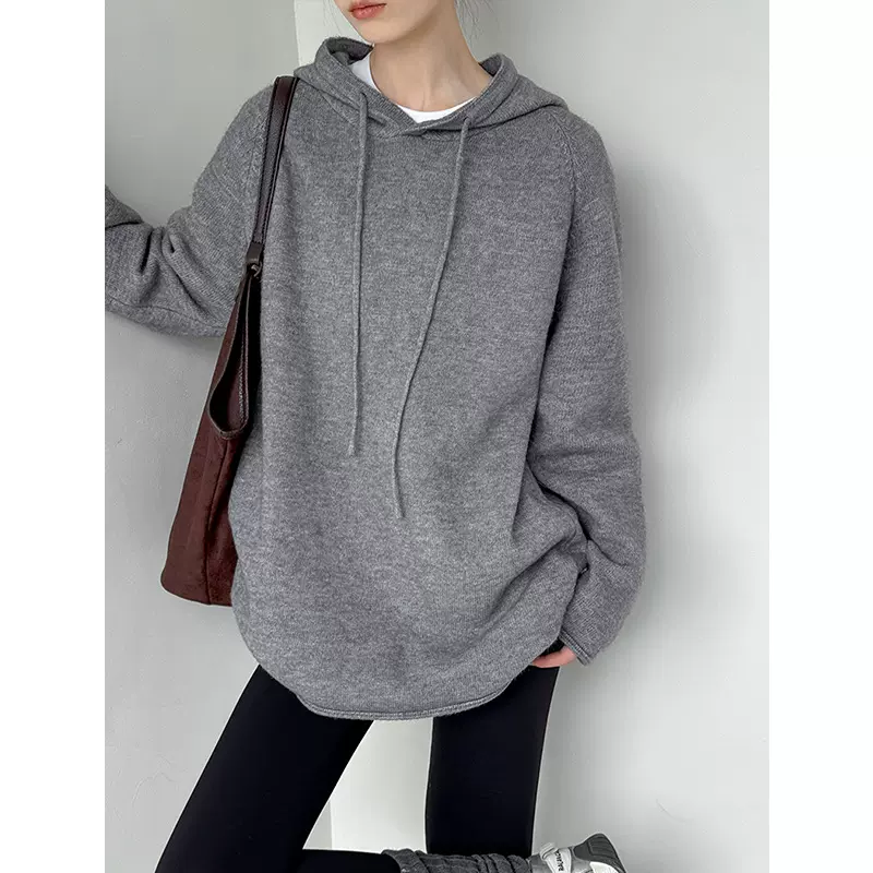 橘芷早秋新款绒帽衫针织套头长袖宽松衫毛衣纯色保暖休闲卫衣 607