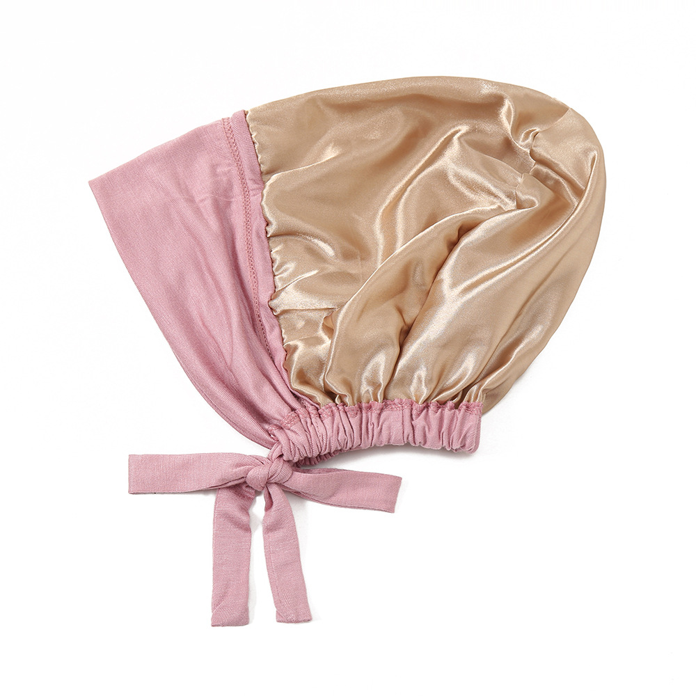 Popular Modal Satin Pullover with Tie Straps, Lining, Small Hat, Adjustable Drawstring, Solid Color, Elastic, Suitable for Chemotherapy