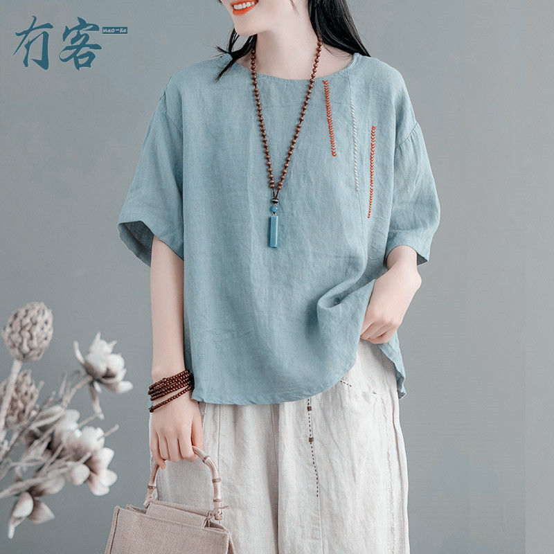 Artistic Vintage Short-sleeved Women's Embroidered Pure Linen Round Neck Summer New Loose plus size All-match T-shirt Pullover Top for Women Artistic Vintage Short-sleeved Women's Embroidered Pure Linen Round Neck Summer New Loose plus size All-match T-shirt Pullover Top for Women