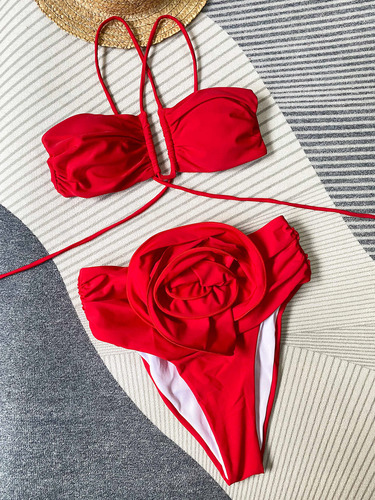  new bikini European and American bikini cross-border high waist sexy three-dimensional flower split women's swimsuit swimsuit