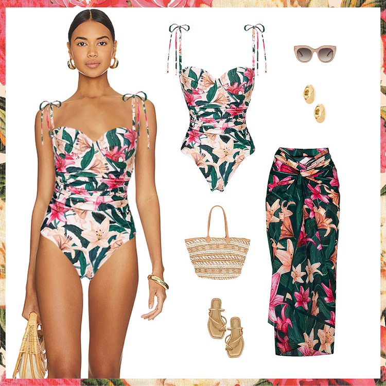 280g Weight Polyester Fabric Type One-pieces Tops Type Swimming Pool, Beach Occasion Ditsy Floral Pattern Women's Gender Backless Craft Women's Casual Sexy Ditsy Floral 2 Pieces Set One Piece Swimwear 无