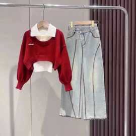 2024秋冬女童POLO领短款安哥拉红毛衣设计感个性牛仔阔腿裤套装潮