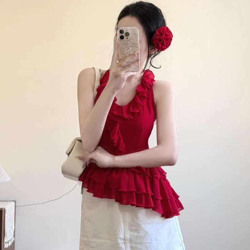 Summer 2026 New Style Red Halter Neck Sleeveless Camisole for Women, Irregular Ruffled Tank Top