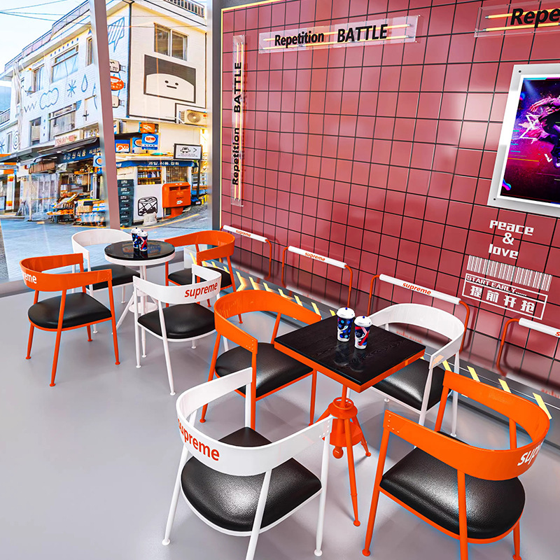 Industrial Style Wrought Iron Milk Tea Shop Cafe Bar Catering Outdoor Office Commercial Table and Chair Set Industrial Style Commercial