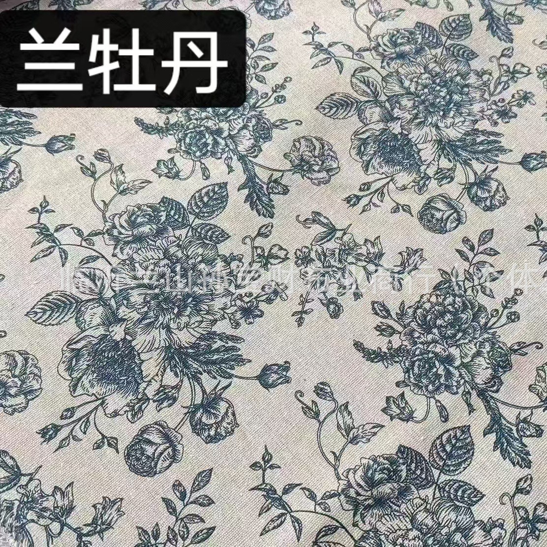 厂家供应麻布印花兰花可做桌布坐垫围裙收纳袋等布料可做PE膜帆布