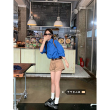 可可里克莱因蓝衬衫套装宽松中长款上衣卷边牛仔短裤女夏季时尚潮