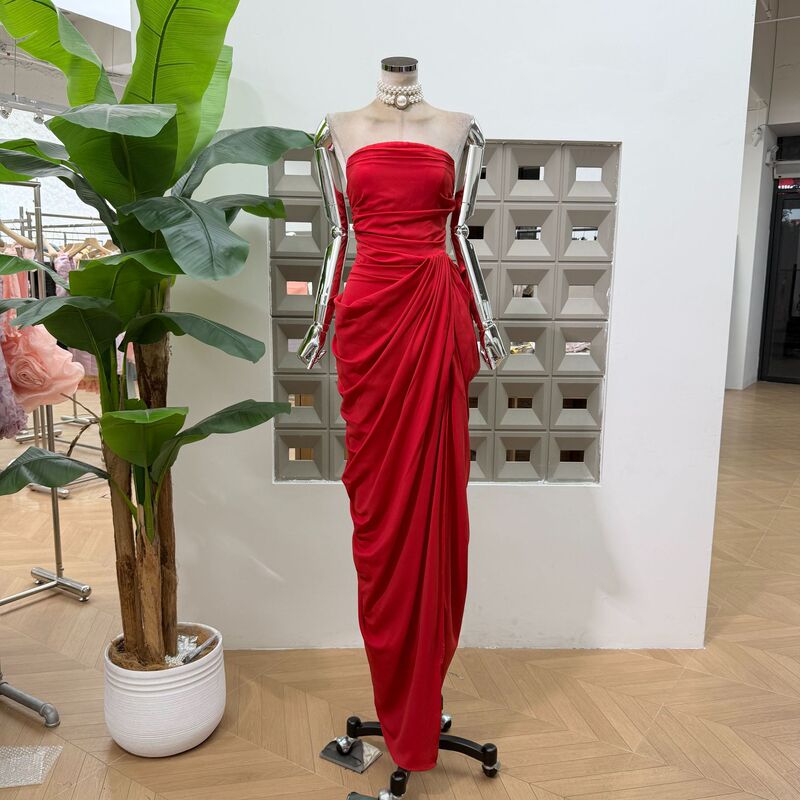 Amazon's exquisite textured strapless long dress with a high slit, waist-cinching tie, and ruched waistline accentuates one's elegance