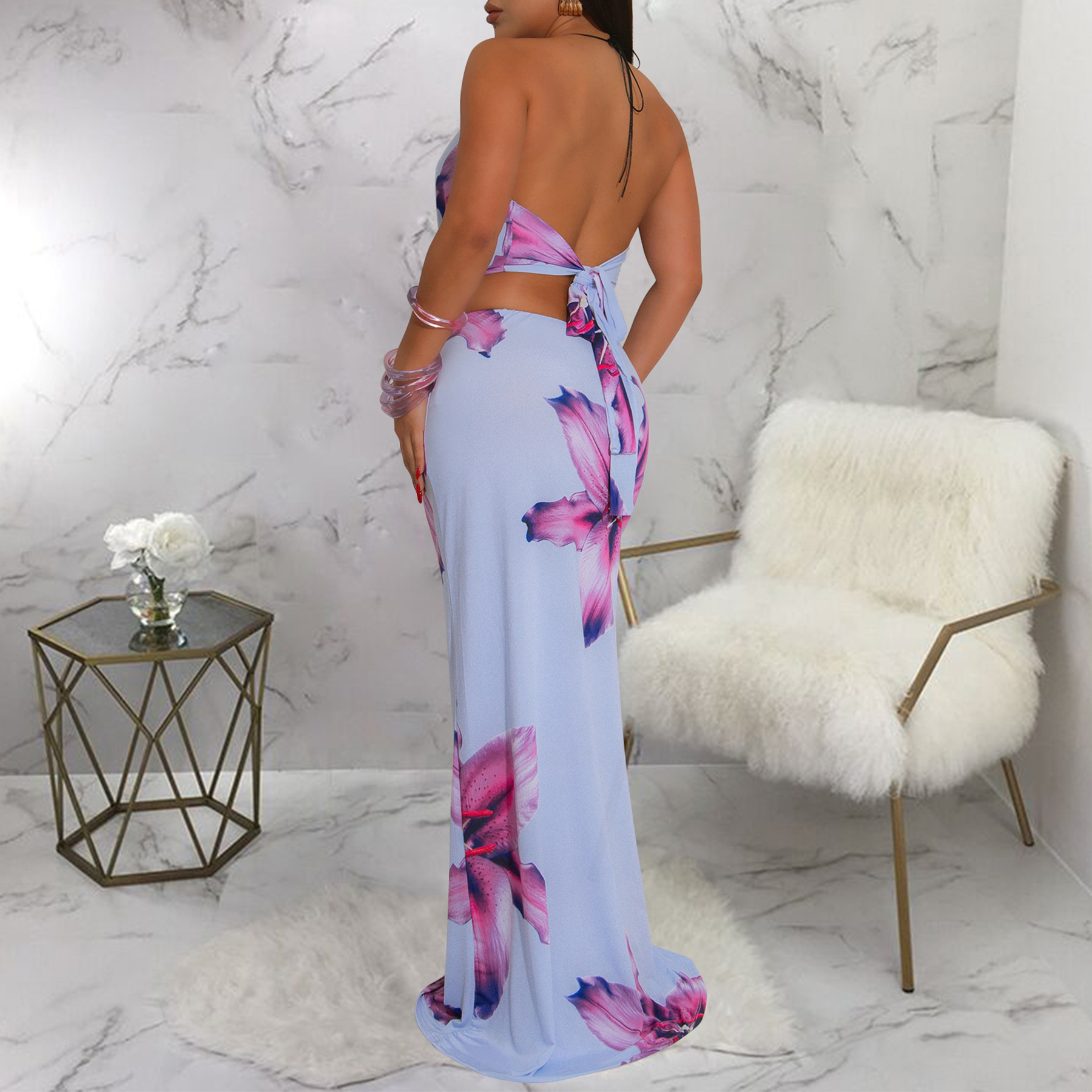 402g Weight Sleeveless Sleeve Length Polyester Fabric Type Skirt Co-ord Set Sets Type 2 Pieces Set Quantity Casual, Holiday Occasion Halter Neck Neckline Slim Fit Type Flower Pattern Summer Season Women's Gender Sexy, Streetwear Style Casual Holiday Women's Sexy Streetwear Flower Polyester Skirt Co-ord Set Skirt Sets 7