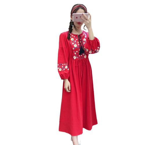 Ethnic-style retro maxi dress with summer waist-cinching cotton-linen sleeveless embroidery tie-neck with tassel white women's dress