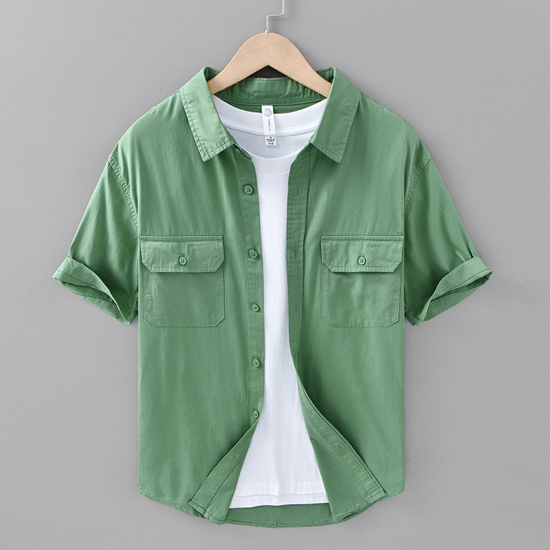 Japanese Style Simple Pure Cotton Casual Shirt Men's Short-sleeved Summer Loose All-match Outer Wear Double Pocket Cuswork Shirt 683
