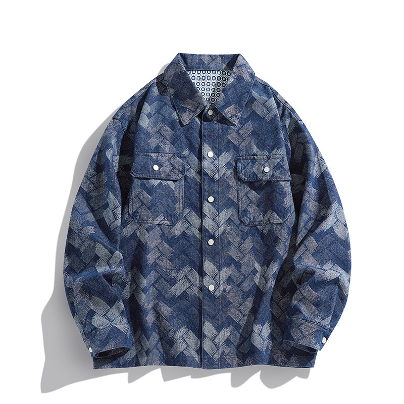 High-End American Jacquard Denim Jacket for Men, Loose Large Size Autum New Style Small Fragrant Plaid Lapel Jacket