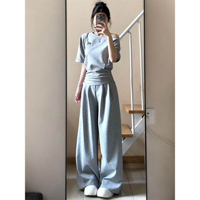 运动套装女夏季韩版宽松显瘦时尚盐系百搭短袖长裤休闲两件套#913|undefined