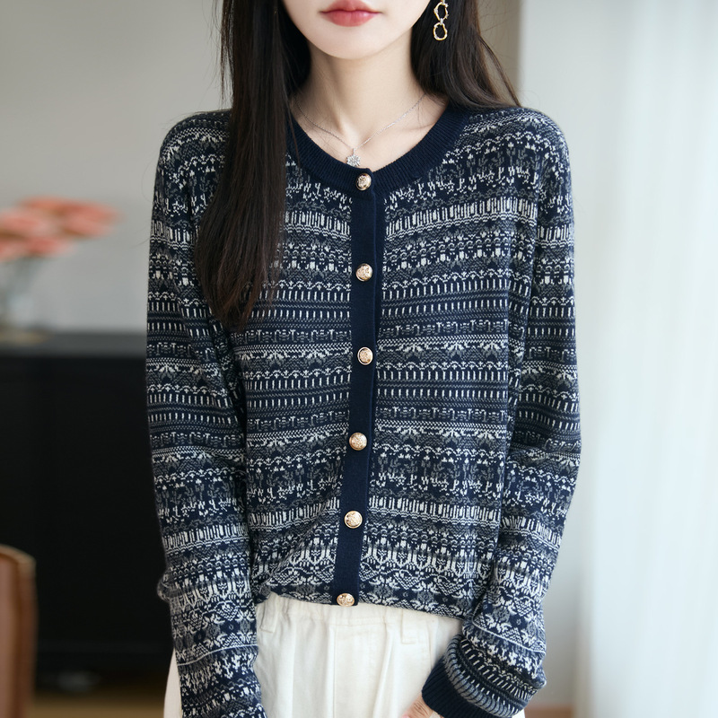 浪漫复古提花针织开衫女春秋季圆领长袖毛衣外套宽松减龄色彩上衣|undefined