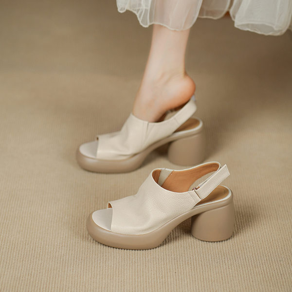 Sandal nữ cao gót mũi hở da cừu quai một từ khóa — màu trắng ngà