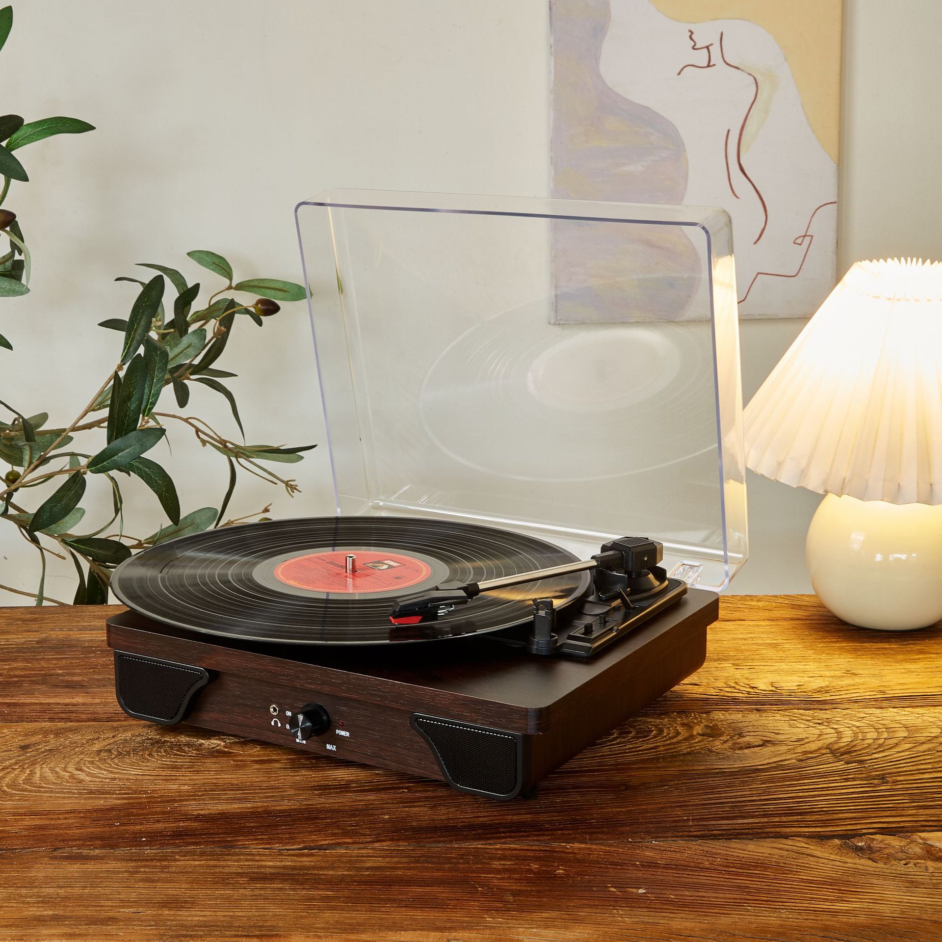 T03L Retro Chinese Record Player Multifunction Ornament Retro Phonograph Antique Wood-Made Black Record Player