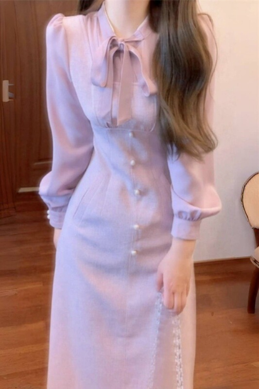 French-Style Long-Sleeved Chanel-Inspired Lace-Up Dress for Women, Autumn Plus-Size, Gentle and Unique Design, Slimming Long Dress