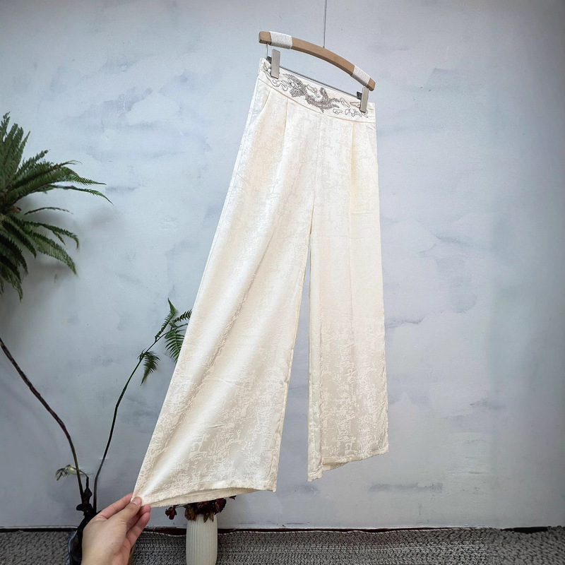 New Chinese Style Jacquard Embroidered Straight Pants for Women 2025 Summer New Solid Color Versatile Lazy Casual Pants
