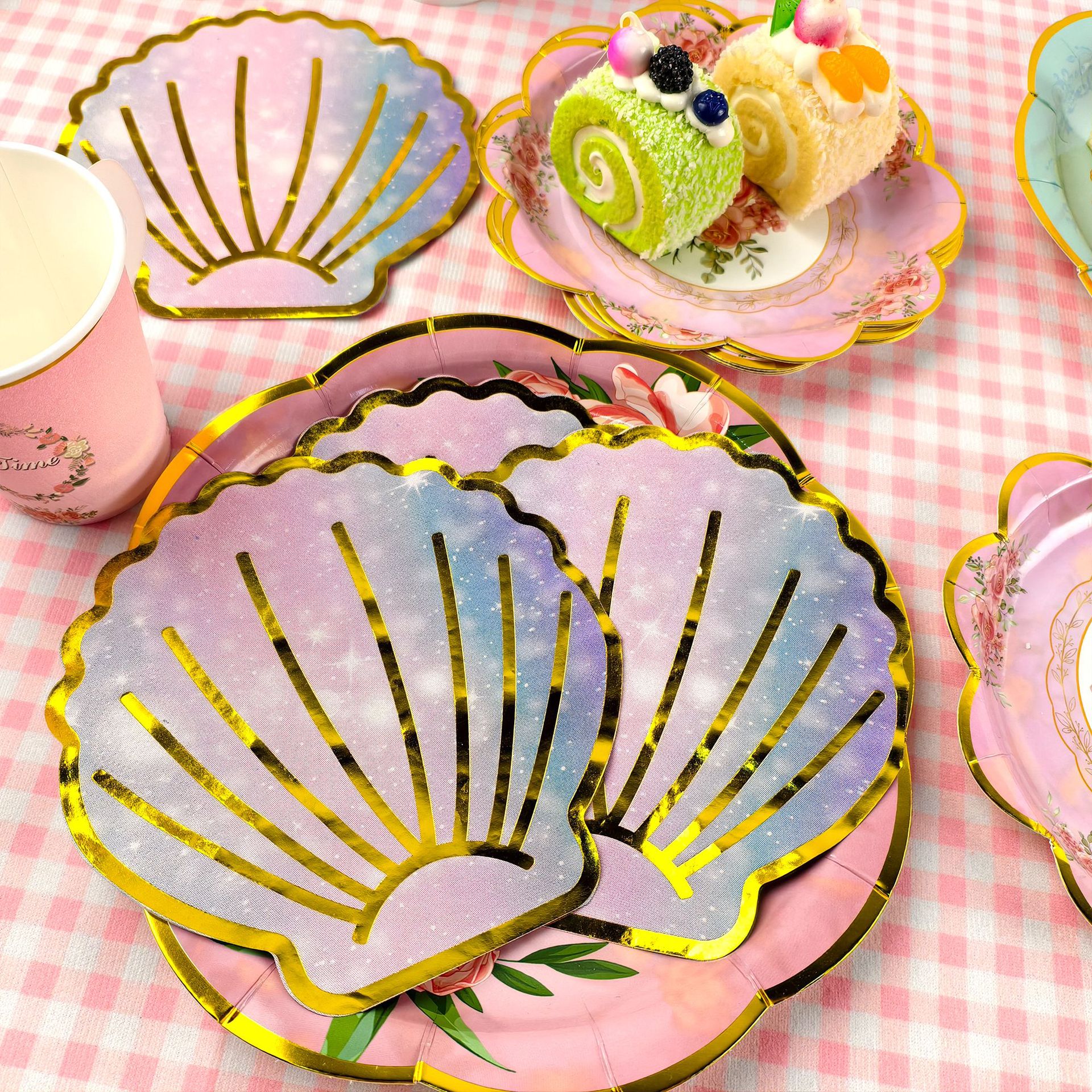 2 Katmanlı Deniz Kabuğu Şeklinde Altın Folyo Parti Peçeteleri, Plaj Temalı Süslemeler İçin Renkli Tek Kullanımlık Sofra Takımı, Toplu Paket_voghion.com