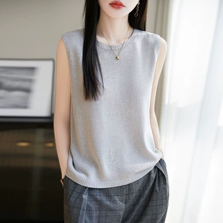 亚麻针织背心新款2025夏季外穿纯色套头垂感圆领女式无袖针织衫