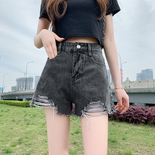 Women's Slim Denim Shorts, Hot Girl Street Style, Instagram Slimming Loose High-Waisted Hole Flared A-Line Ultra Short Summer Shorts