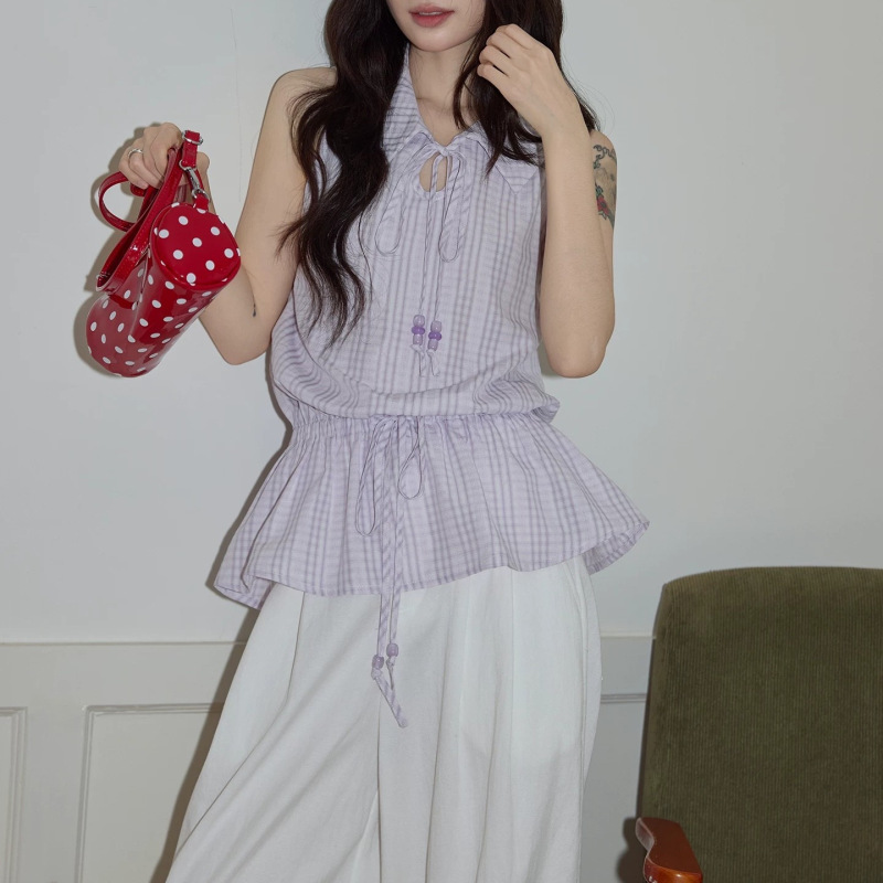 Chic Purple Plaid Sleeveless Shirt for Women, Summer 2026, Waist-Cinching, Slimming, Drawstring, Ruffled Top